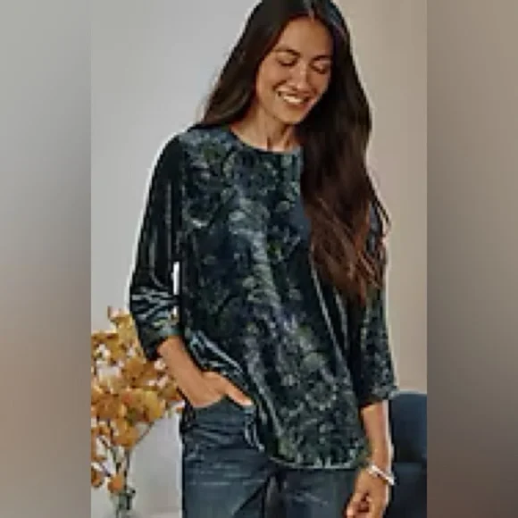 J. Jill Peacock Blue Velvet Top | Printed Luxe Blouse | Women’s XL - Picture 8 of 8